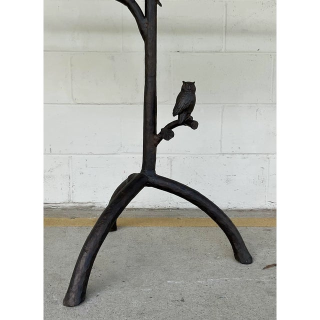 Stylish Currey & Company Modern Bronze Finished. Iron Tree and Owl Console Table, glass top, showroom floor sample