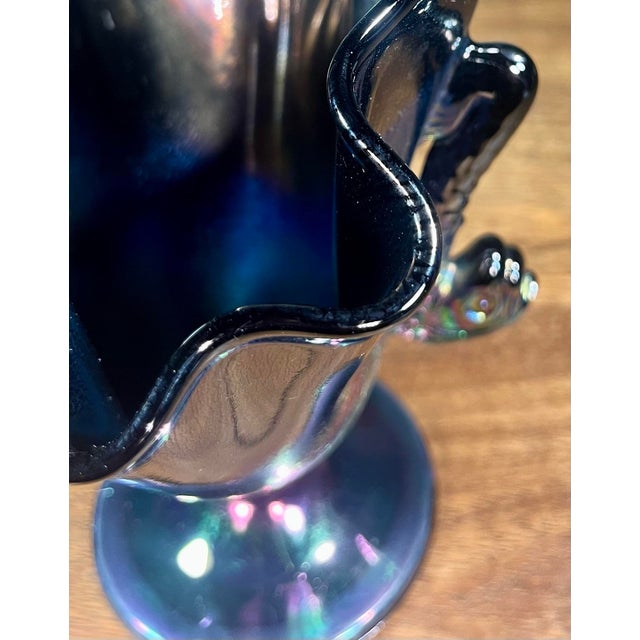 Fenton Twin Dolphin Handled Iridescent Art Glass Vase For Sale - Image 9 of 11