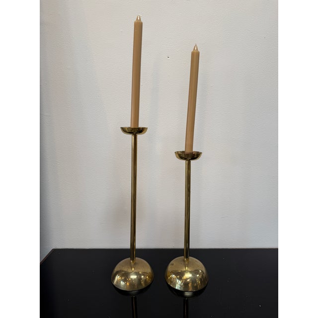 Brass Pair of Mid-Century Italian Brass Candlesticks With Sculptural Domed Bases, 1960 For Sale - Image 8 of 8