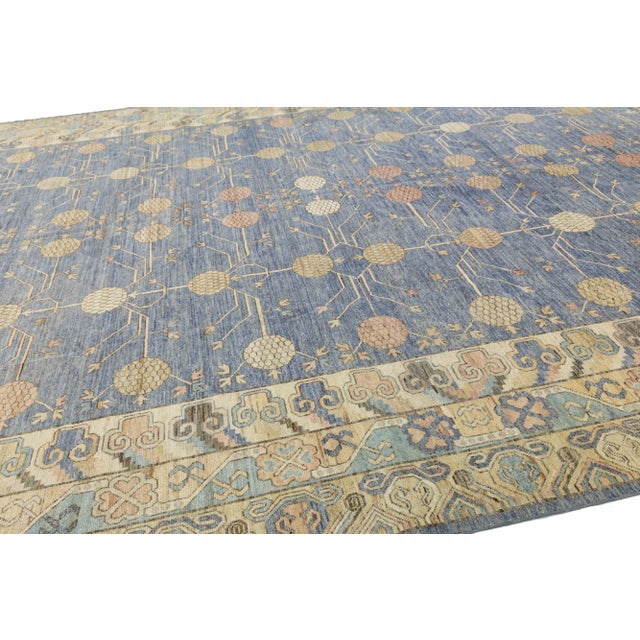 2010s 13 X 19 Blue Modern Khotan Style Handmade Wool Rug With Allover Pattern For Sale - Image 5 of 10