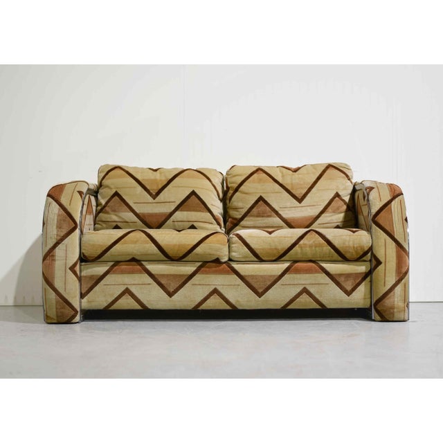 1970s Chrome Frame Sled Base Loveseat Geometric Chevron Upholstery For Sale - Image 4 of 14