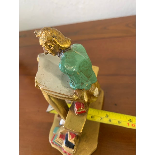 Bronze Vintage “Bookworm” Figural Cast Iron Bookends – Reading Scholar Pair For Sale - Image 8 of 9