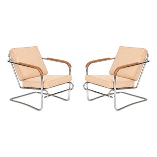 Tubular Chrome and Walnut Armchairs with Suede Upholstery, 1940s, Set of 2 For Sale