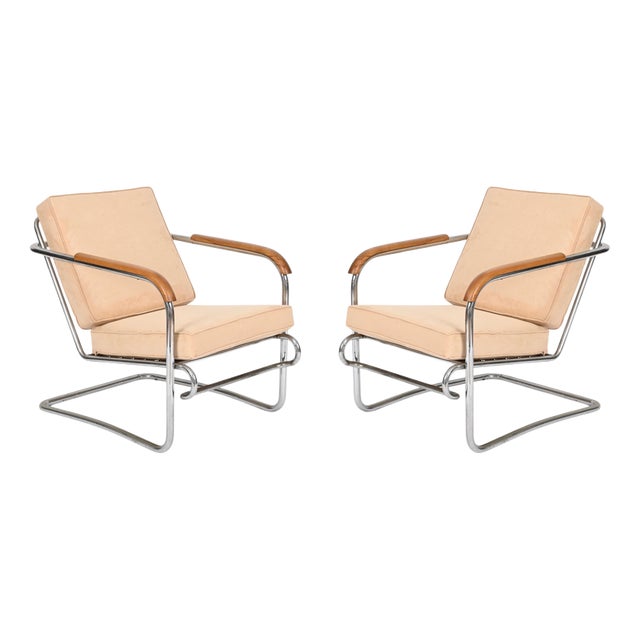 Tubular Chrome and Walnut Armchairs with Suede Upholstery, 1940s, Set of 2 For Sale