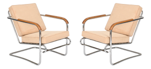 Tubular Chrome and Walnut Armchairs with Suede Upholstery, 1940s, Set of 2