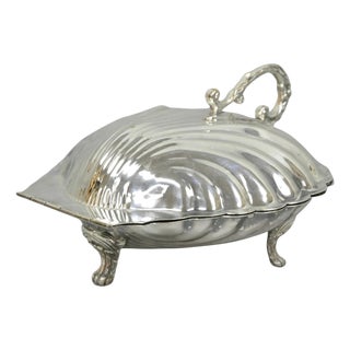 Vintage Regency Style Silver Plated Clam Shell Hinged Warmer With Floral Handle For Sale