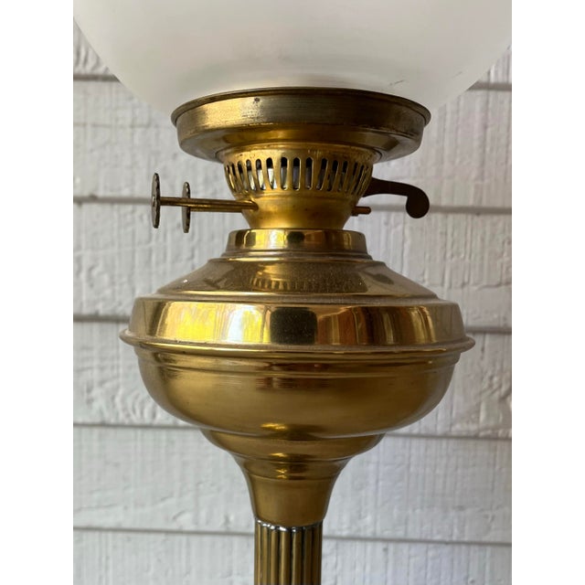 Metal 1890s Antique Edwardian Solid Brass English Tall Oil Lamp For Sale - Image 7 of 12