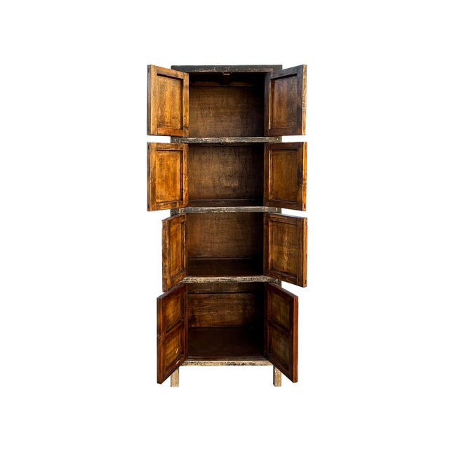 Distressed Black Tan Marks Tall Slim 4 Shelves Closed Doors Storage Cabinet For Sale - Image 4 of 5