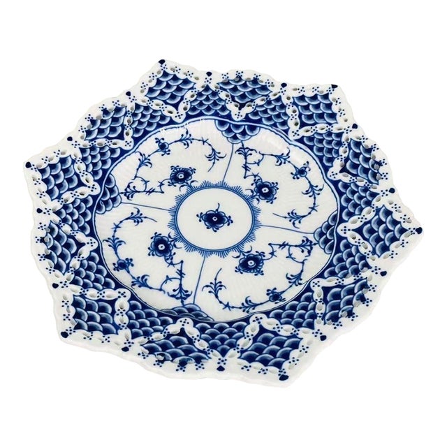 Style of Royal Copenhagen Blue and White Openwork Ceramic Plate For Sale