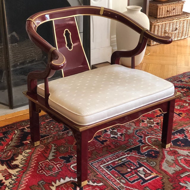 Offering a gorgeous circa 1970 James Mont-style horseshoe back chinoiserie accent chair by Century Chair Company of...