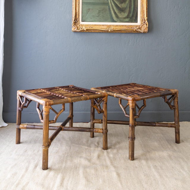 Pair of McGuire Style Chinoiserie Bamboo Stools or Ottomans With Tufted Cushions. For Sale - Image 14 of 18