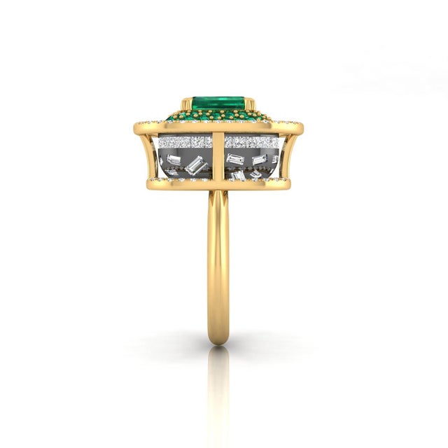 Art Deco 2 Carat Certified Colombian Emerald Cocktail Ring With Emerald Double Halo and Diamond Base sz5.5 For Sale - Image 3 of 5