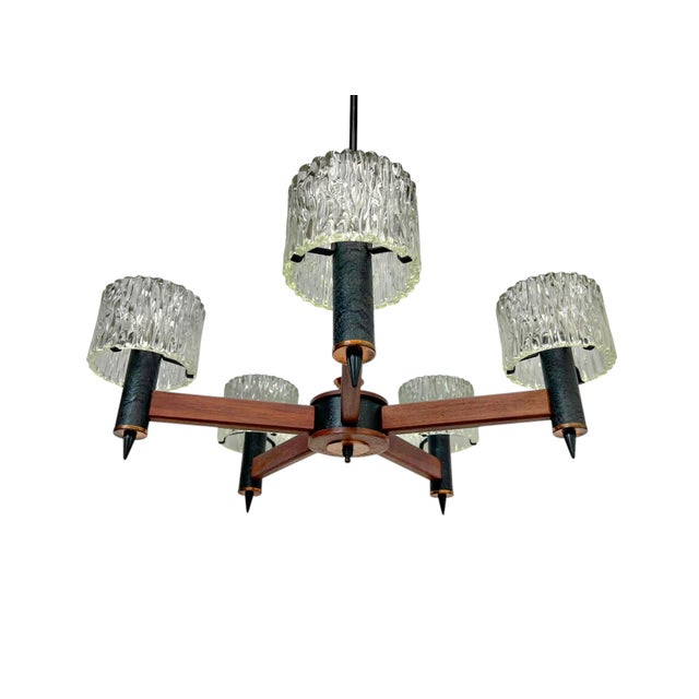 Teak and Textured Glass Chandelier by Carl Fagerlund for Orrefors, 1960s For Sale - Image 14 of 16