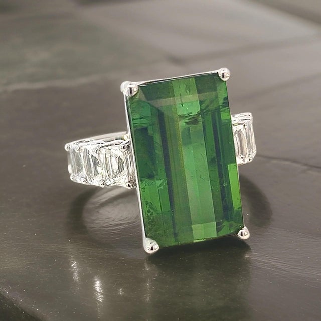 Natural Tourmaline White Sapphire Ring 6.75 14k WG 21.03 TCW Certified For Sale - Image 4 of 18