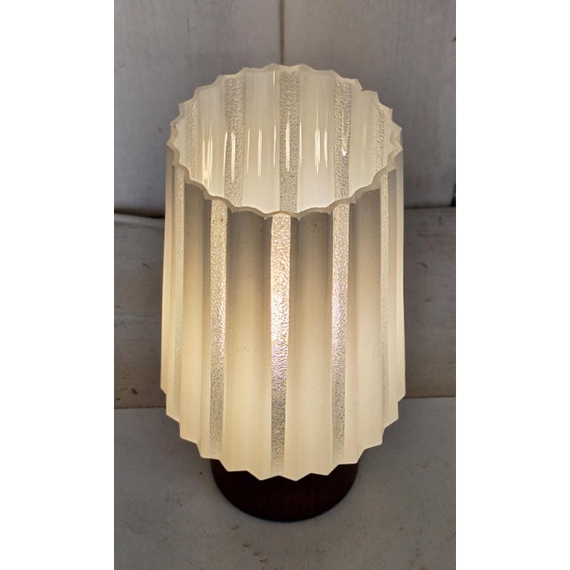 1960s Mid-Century Table Lamp with Teak Base and White Striped Glass Shade, 1960s For Sale - Image 5 of 7