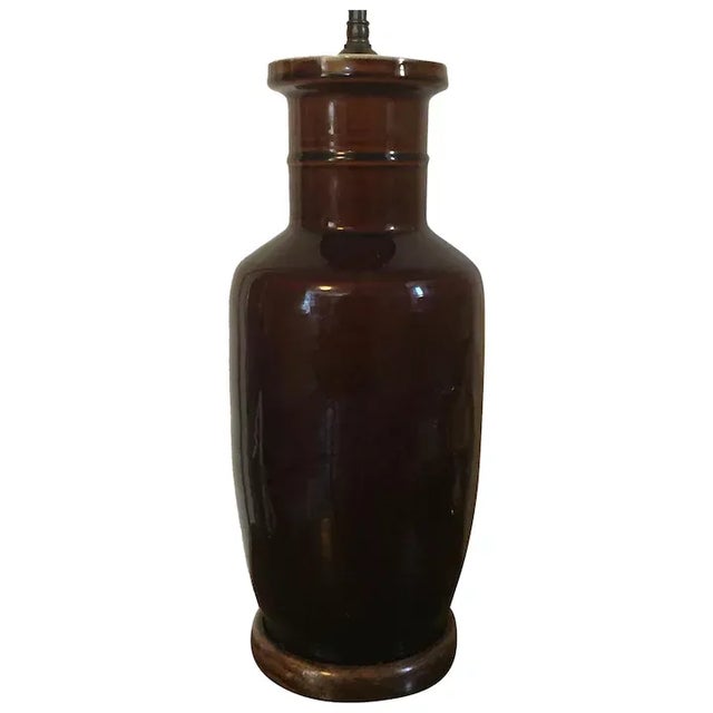 Antique Chinese monochrome brown porcelain rouleau shape vase mounted as a table lamp - the vase early 20th c. Measures...