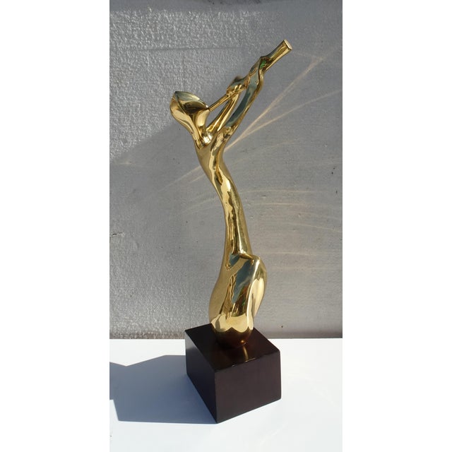 Large Abstract Brass Flute Player Sculpture on Wooden Base, 1970s For Sale - Image 4 of 11