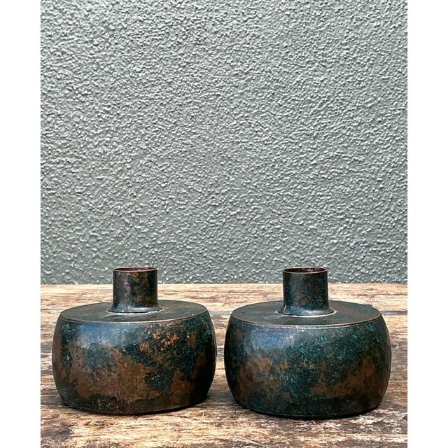 Late 20th Century Vintage Patinated Metal Vases - Pair For Sale - Image 5 of 12