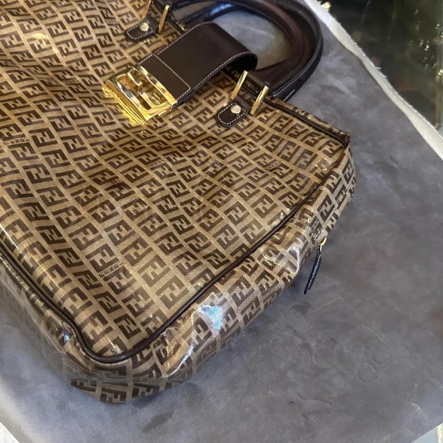 Fendi 1980s Iconic Plastic and Leather Continuous Logo Large Top Handle Bag by Fendi For Sale - Image 4 of 16