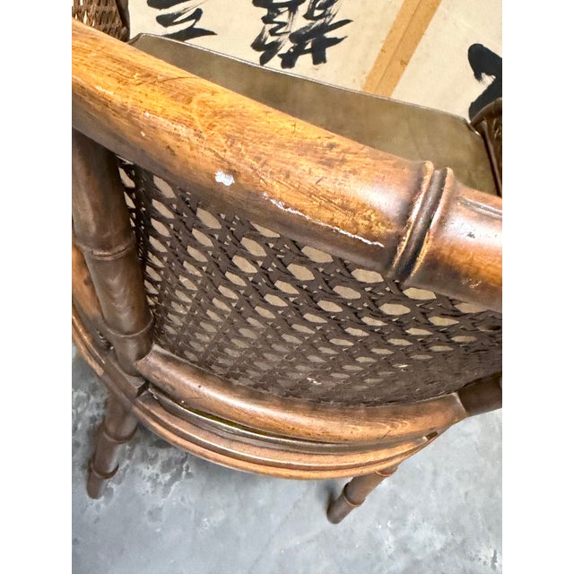 Chocolate Mid-Century Faux Bamboo and Cane Barrel Back Chair With Leather Cushion For Sale - Image 8 of 11