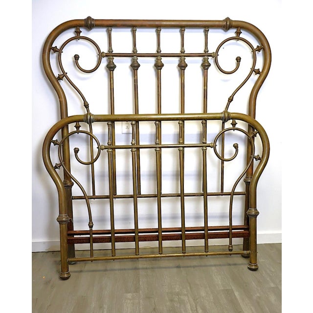 Victorian Antique Art Nouveau Brass Full Bed With Scrollwork & Engraved Details, C. 1900 For Sale - Image 3 of 10