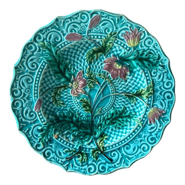 Antique Continental Turquoise Majolica Floral Relief Plate, C. 1900 For Sale