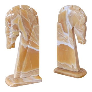Vintage Mid-Century Natural Stone Horse Bust Carved Onyx Bookends - a Pair For Sale