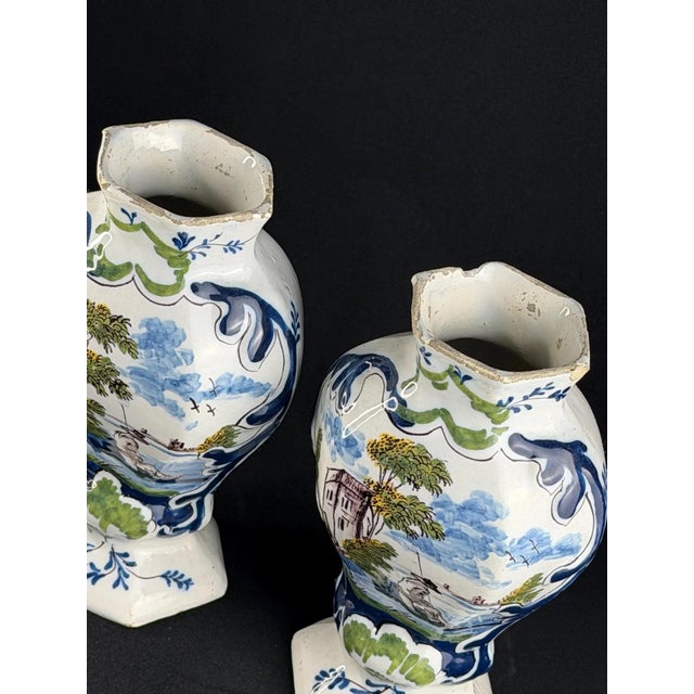 Dutch Delft Faience Vases with Hand-Painted Pastoral Scenes, Set of 2 For Sale - Image 9 of 11