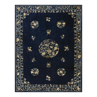 1920s Antique Blue Rectangle Floral Deco Room Size Knotted Chinese Peking Rug For Sale