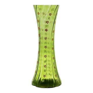 Antique Bohemian Green Optic Swirl Enamel Decorated Vase For Sale