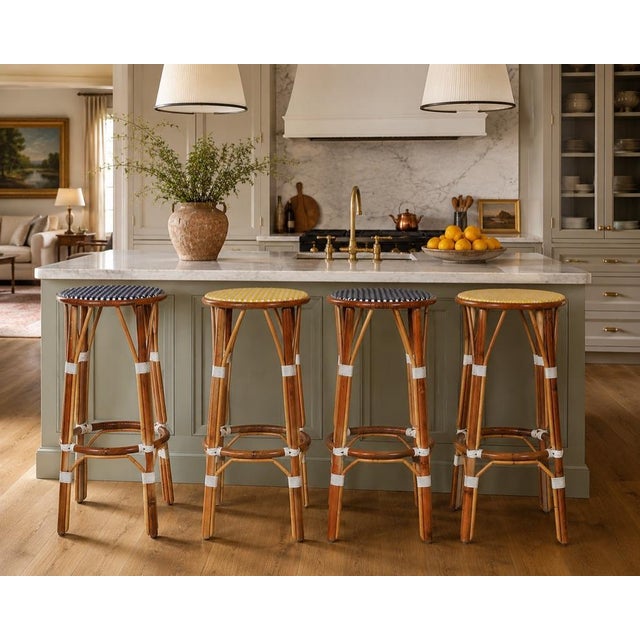 Maison Gatti Parisian Rattan Bistro Bar Stools in Navy & Yellow -Set of 4 Dimensions Each stool measures : 31 ½ in. H × 17...