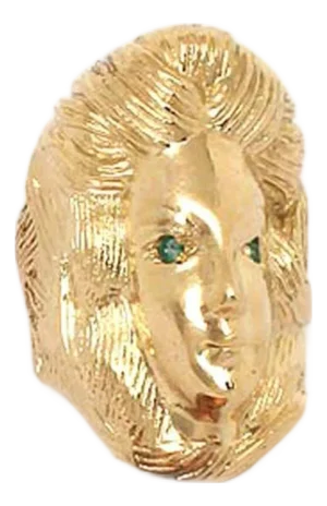 Large 14k Yellow Gold & Emerald Woman Face Ring - Size 6.5
