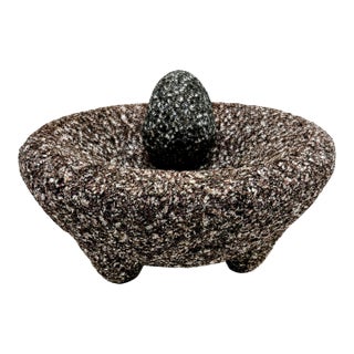 Vintage Mexican Basalt Molcajete Mortar and Pestle – Hand-Carved Volcanic Lava Stone Grinder, Three-Leg Bowl, Rustic Kitchen Decor For Sale