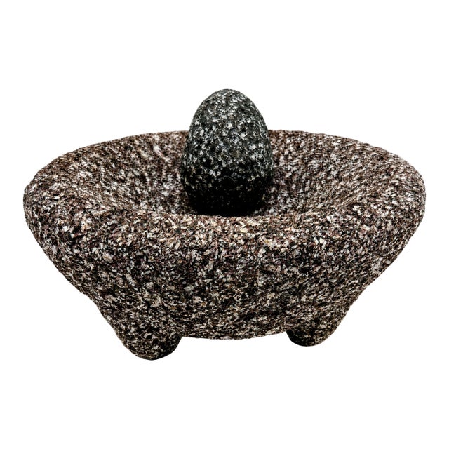 Vintage Mexican Basalt Molcajete Mortar and Pestle – Hand-Carved Volcanic Lava Stone Grinder, Three-Leg Bowl, Rustic Kitchen Decor For Sale
