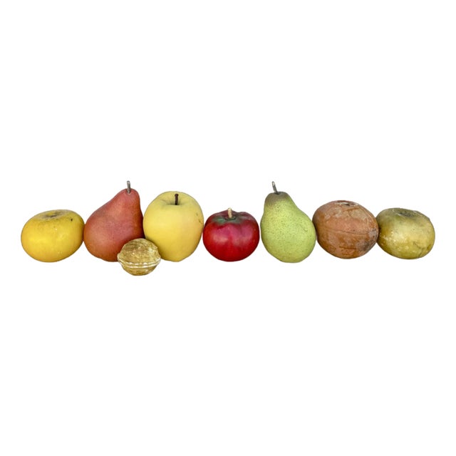 Vintage Italian Hand-Carved Marble Realistic Assorted Fruits and Walnut - Set of 8 For Sale
