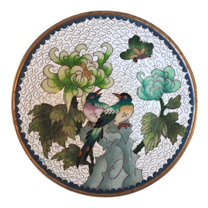 6in Chinese Enamel Cloisonne Plate. Bird and Flowers.