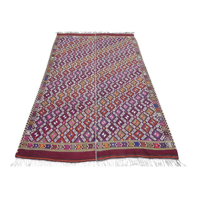 Mid 20th Century Vintage Amethyst Turkish Embroidery Kilim Rug For Sale