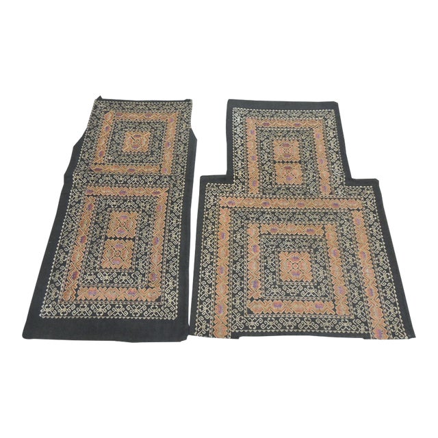 Vintage Black and Orange Asian Embroidered Textile Fragments - Set of 2 For Sale