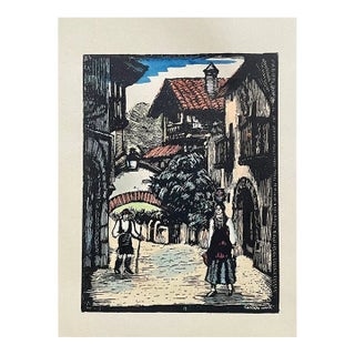 Juan Castells Marti Lithograph, 1940s – Spanish Artist Woodcut Print – Color on Woven Paper – Spain Art – 14"x10" For Sale