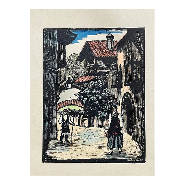 Juan Castells Marti Lithograph, 1940s – Spanish Artist Woodcut Print – Color on Woven Paper – Spain Art – 14"x10" For Sale