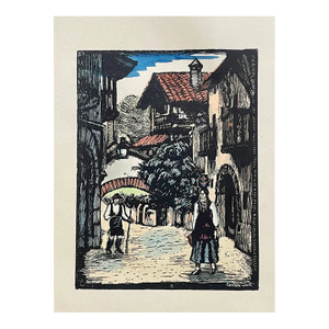 Juan Castells Marti Lithograph, 1940s – Spanish Artist Woodcut Print – Color on Woven Paper – Spain Art – 14"x10"