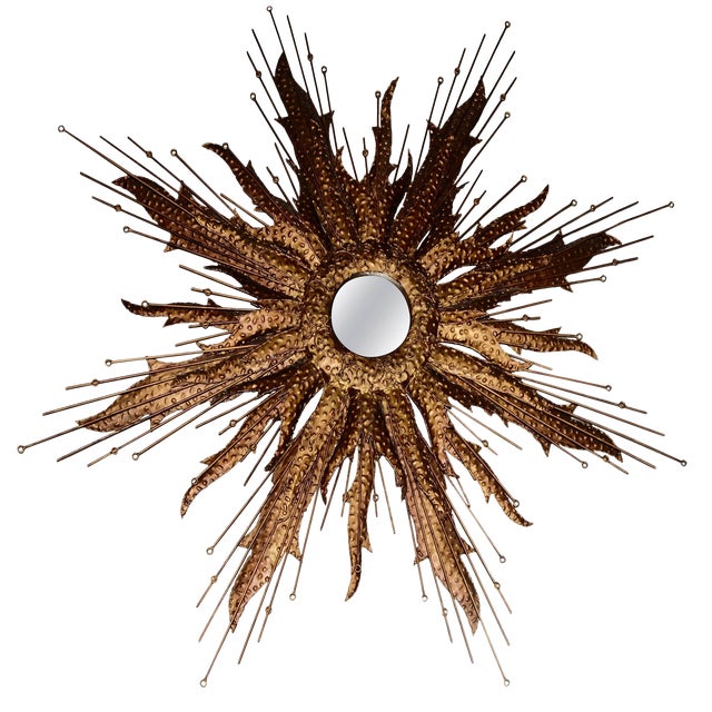 Midcentury Sunburst Handcrafted Art Metal Mirror For Sale