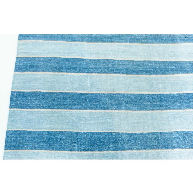 Mid 20th Century Doris Leslie Blau Vintage Indian Dhurrie Striped Blue Rug For Sale - Image 5 of 9