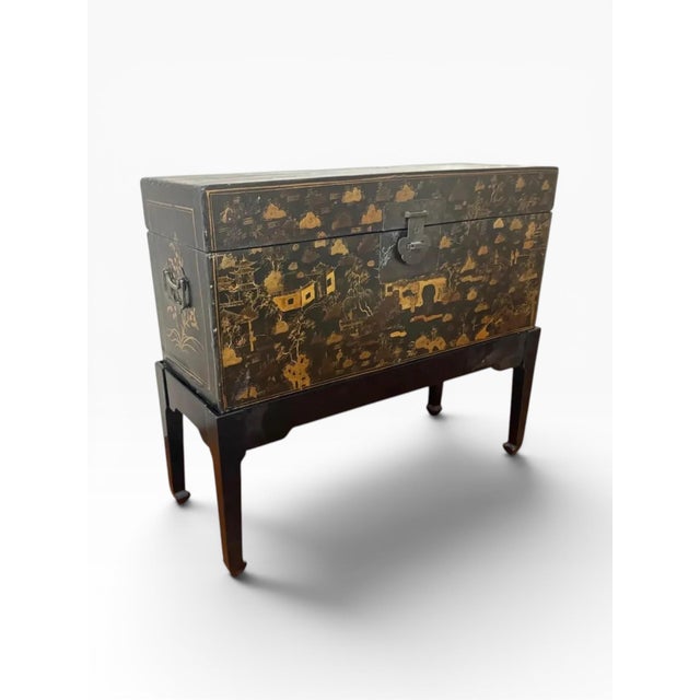 Chinese Early 20th Century Chinese Chinoiserie Lacquered Chest on Stand With Certificate of Antiquity For Sale - Image 3 of 14