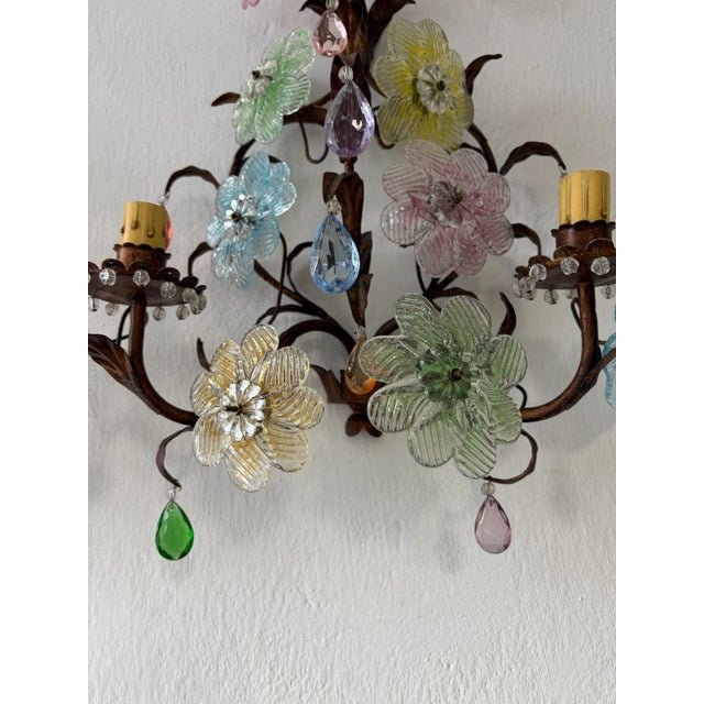Italian Murano Multicolor Prisms Flowers Gilt Metal Sconces, C 1930 For Sale - Image 10 of 15