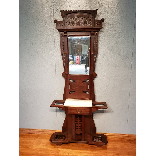 Antique 1880s1890s Mohogany Hall Tree W/ Marble W/ Original Pans