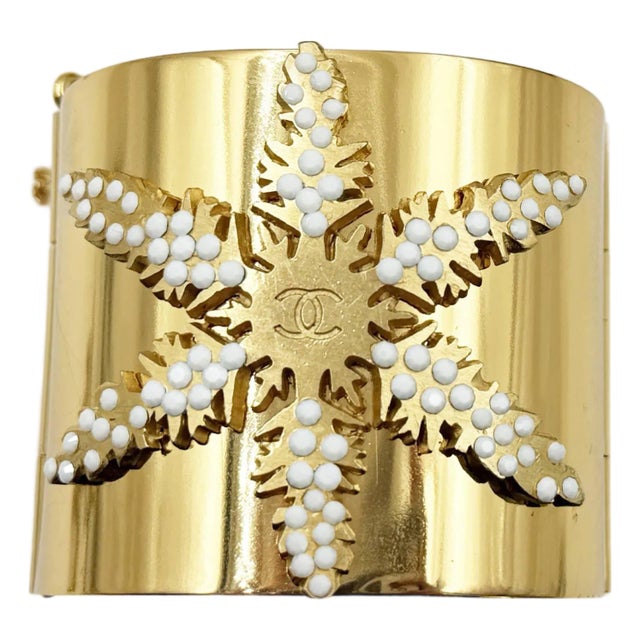 Chanel Rare Vintage Gold Plated CC White Bead Snowflake Cuff Bracelet For Sale