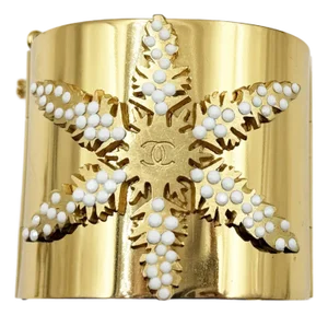 Chanel Rare Vintage Gold Plated CC White Bead Snowflake Cuff Bracelet