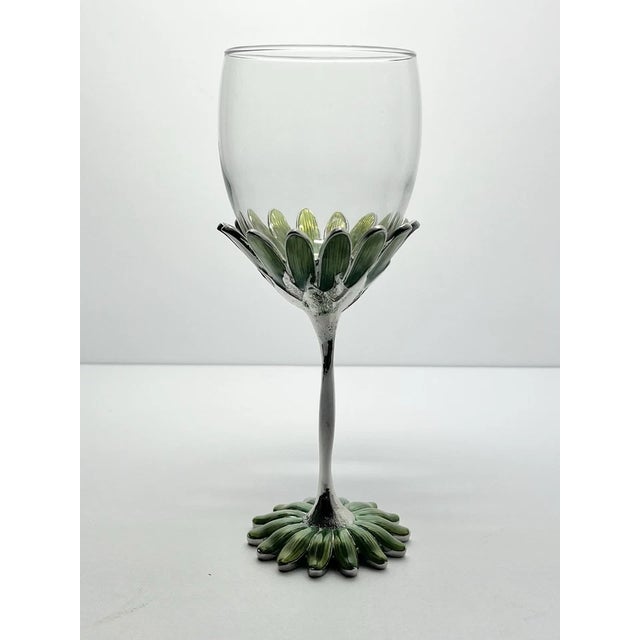 Contemporary Forever International Green Enamel Metal Flower Wine Glasses - Set of 4 For Sale - Image 3 of 9