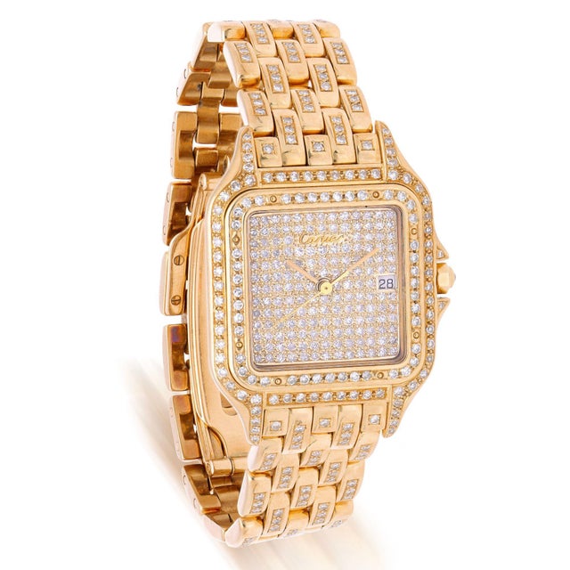 Gold 1980s Cartier Panthere Ref 8839 Jumbo 27mm Full Pave Diamond 18k Yellow Gold Watch For Sale - Image 8 of 11